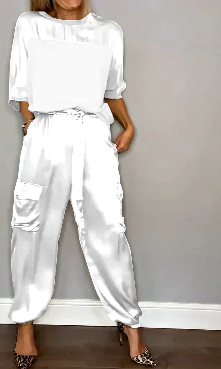Damen-Zweiteiler, Satin, halbe Ärmel, Hose-4