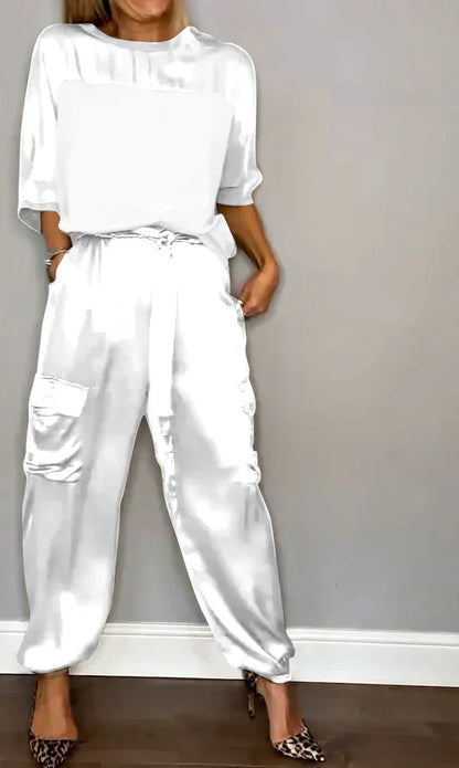 Damen-Zweiteiler, Satin, halbe Ärmel, Hose-4