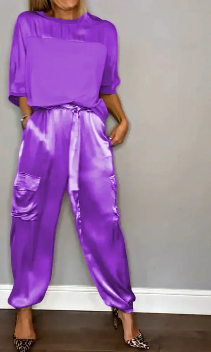 Damen-Zweiteiler, Satin, halbe Ärmel, Hose-2