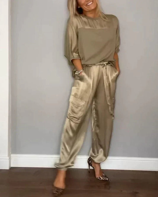 Damen-Zweiteiler, Satin, Bluse und Hose-1