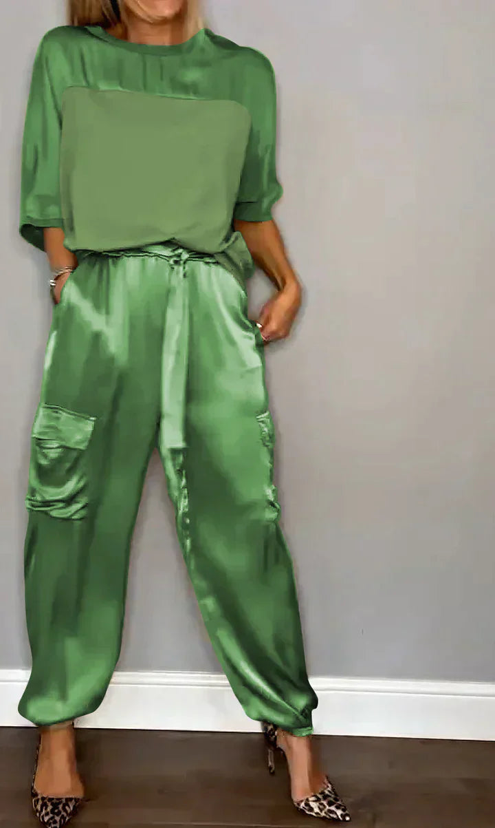 Variant image for Damen-Zweiteiler, Satin, halbe Ärmel, Hose-49