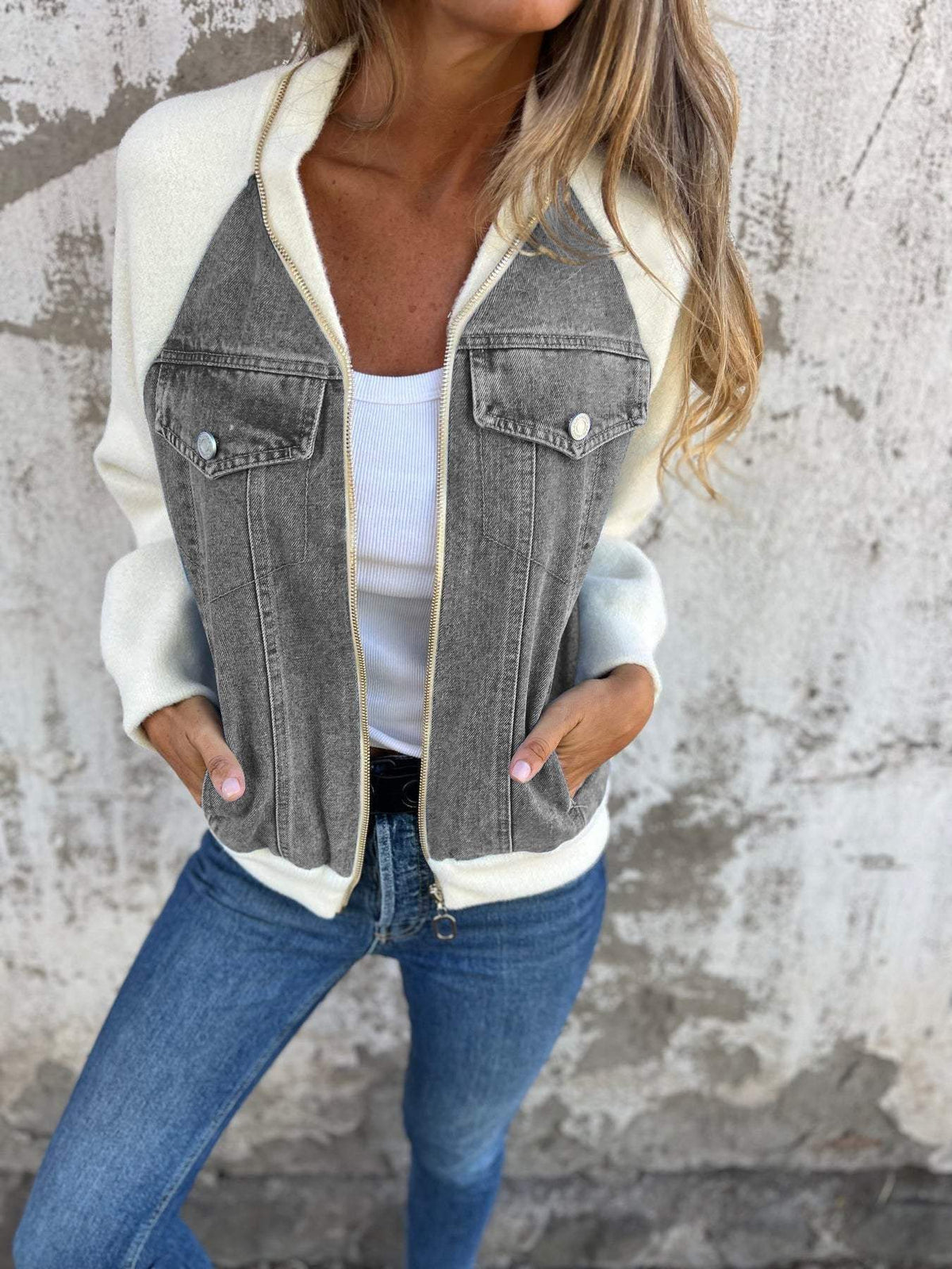 Variant image for Übergangsjacke Damen Reißverschlussjacke Gewaschener Jeans-Mix-16