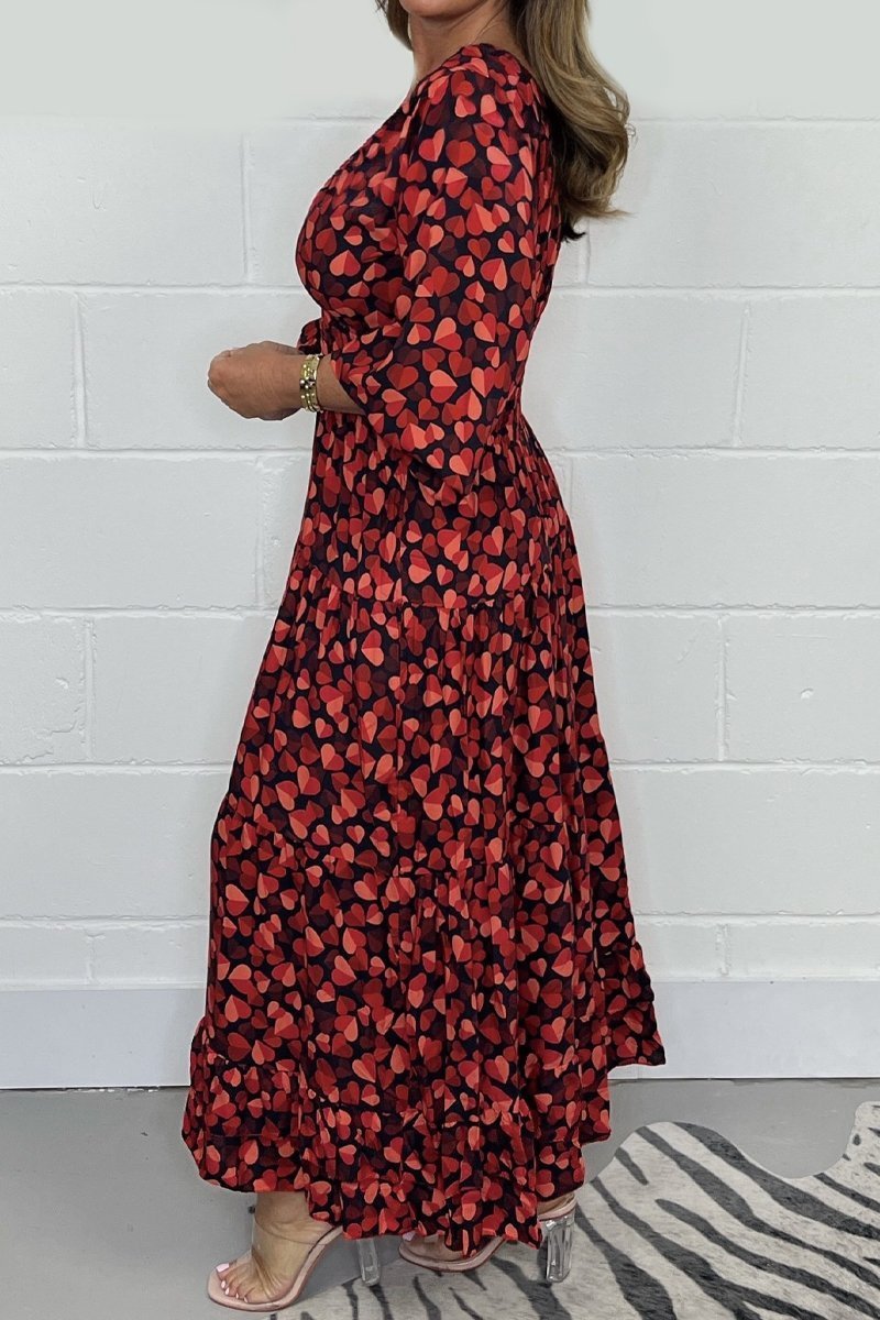 Damen-Midi-Kleid, geraffte Baumwolle, elegant langarm-2