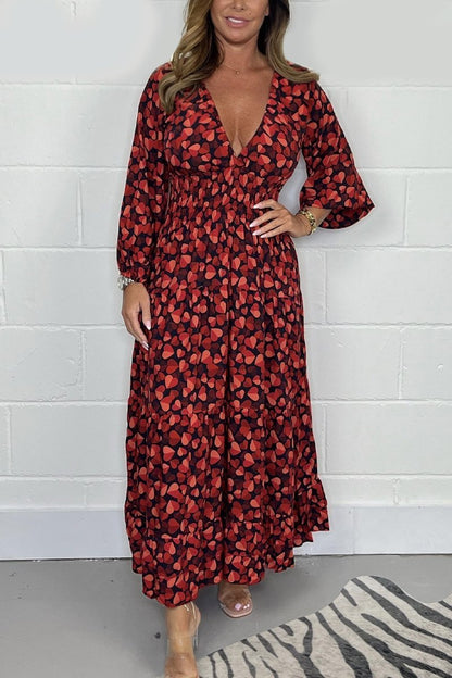 Damen-Midi-Kleid, geraffte Baumwolle, elegant langarm-3