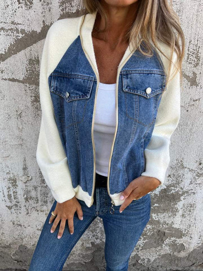 Übergangsjacke Damen Reißverschlussjacke Gewaschener Jeans-Mix-2