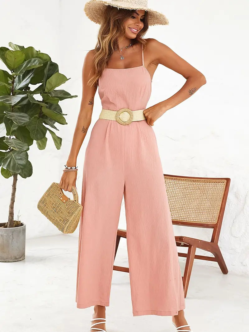 Damen-Jumpsuit Spaghettiträger mit Gürtel Hochwertiger Stoff-1