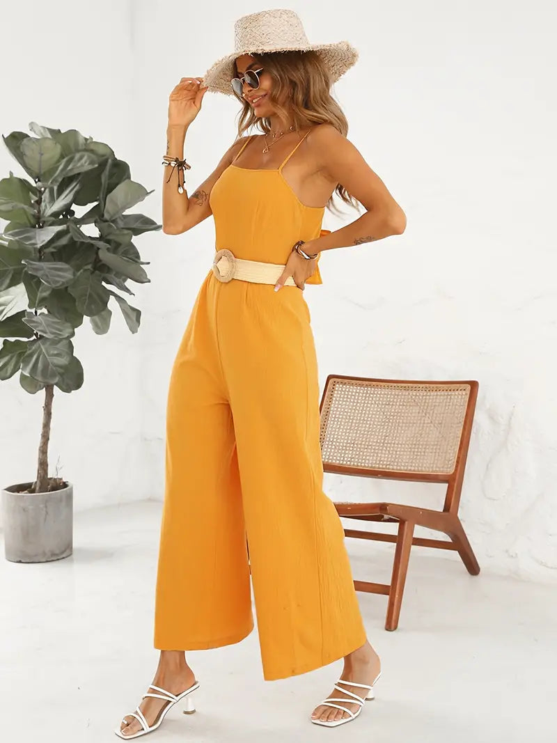 Damen-Jumpsuit Spaghettiträger mit Gürtel Hochwertiger Stoff-3