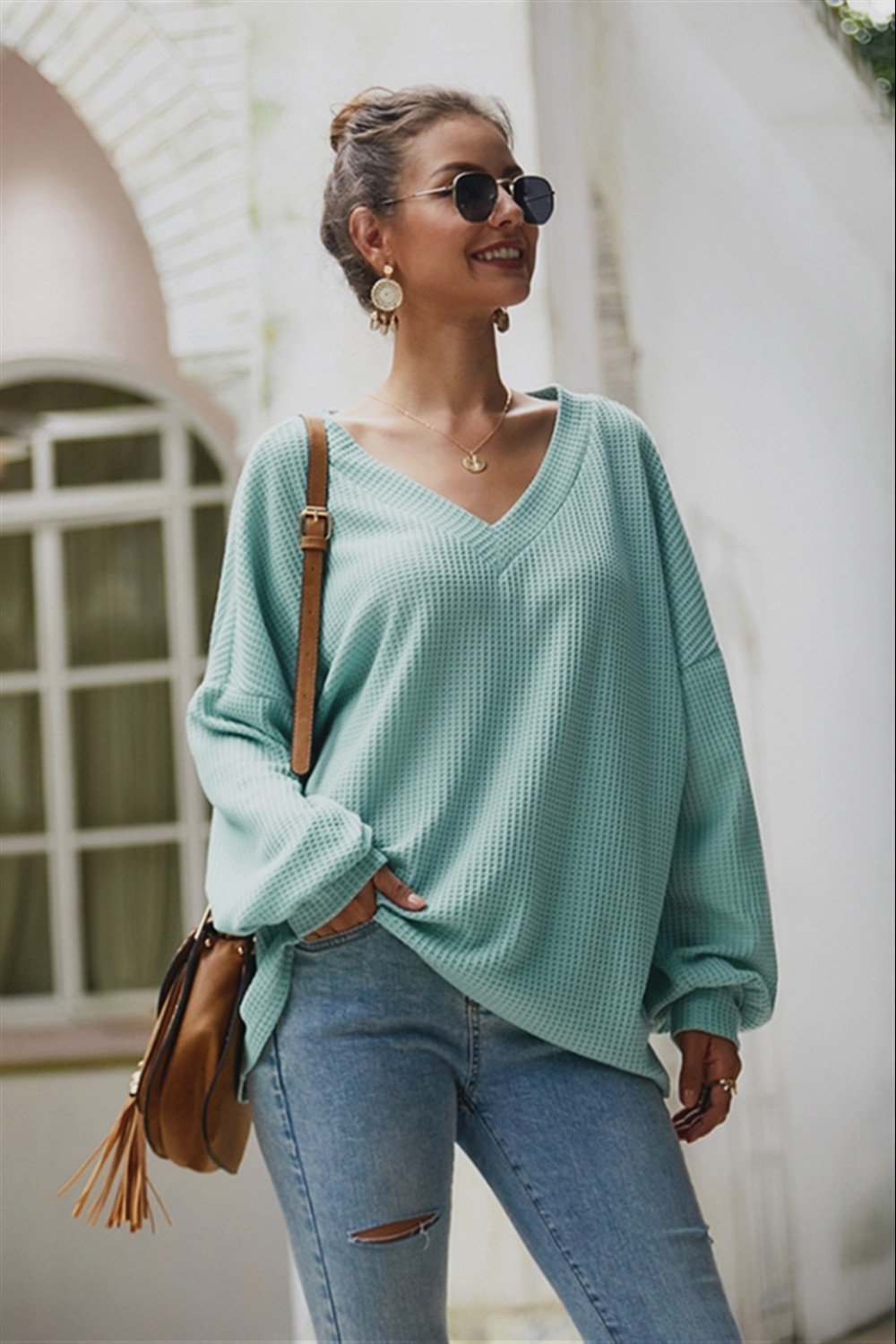 Damen-Pullover, mit V-Ausschnitt Polyester, mit Laternenärmeln-5