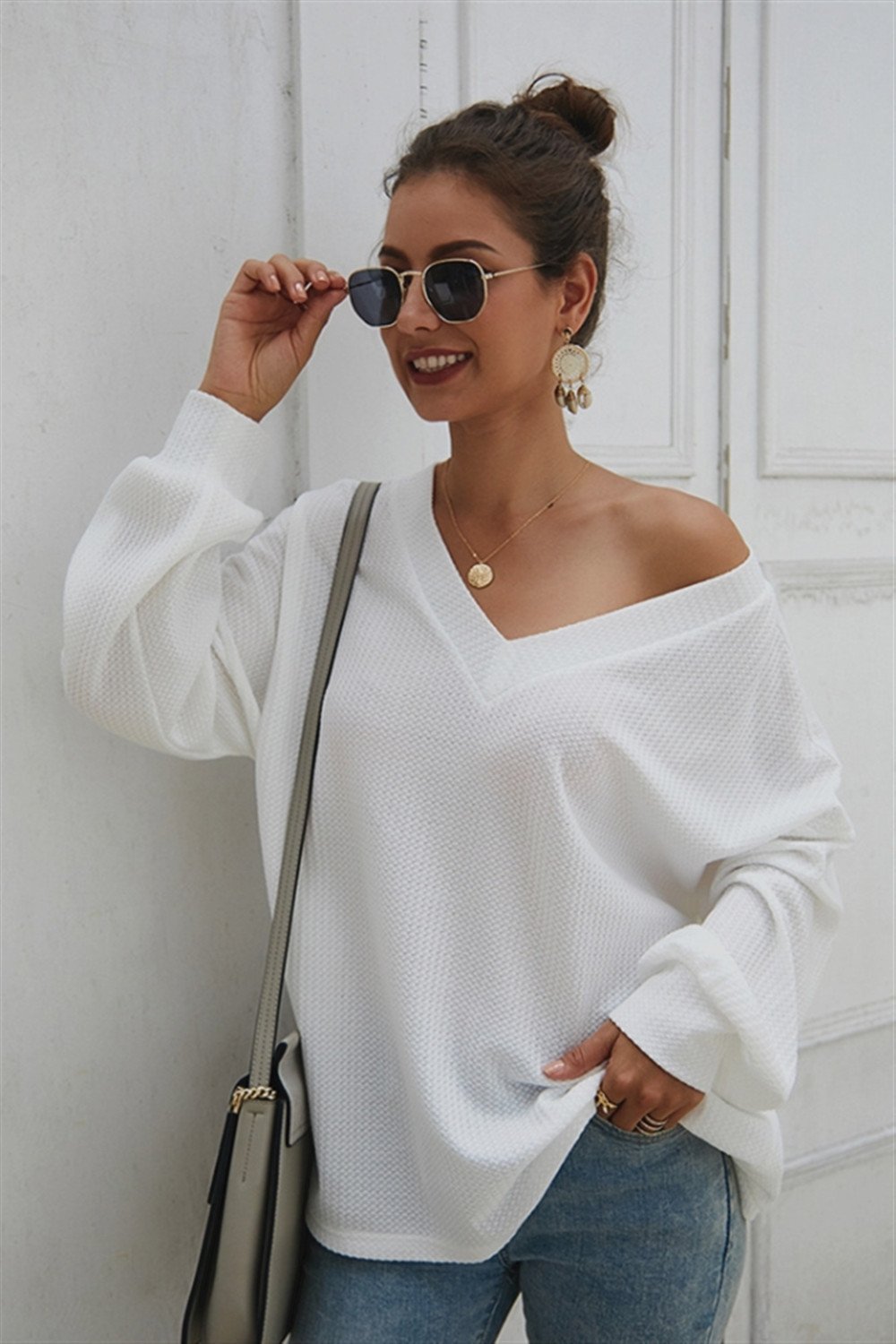 Damen-Pullover, mit V-Ausschnitt Polyester, mit Laternenärmeln-3