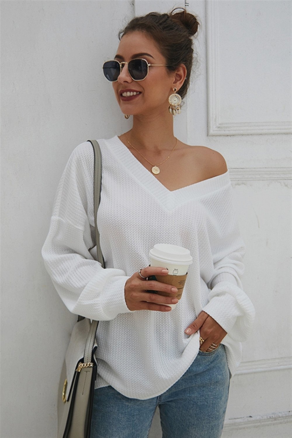 Damen-Pullover, mit V-Ausschnitt Polyester, mit Laternenärmeln-2