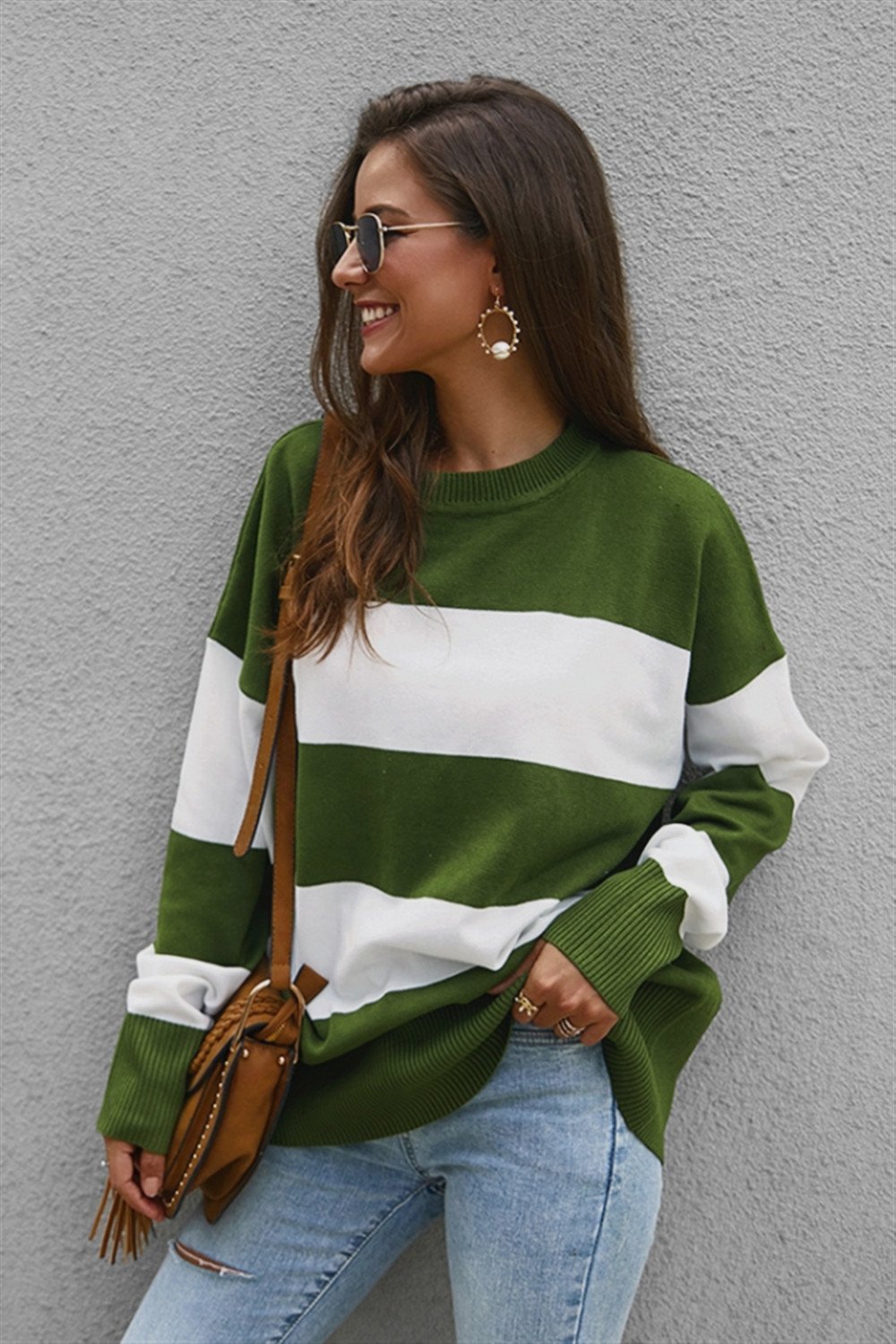 Damen-Pullover, Farbblock, langärmeliges Polyester, weite Passform-5