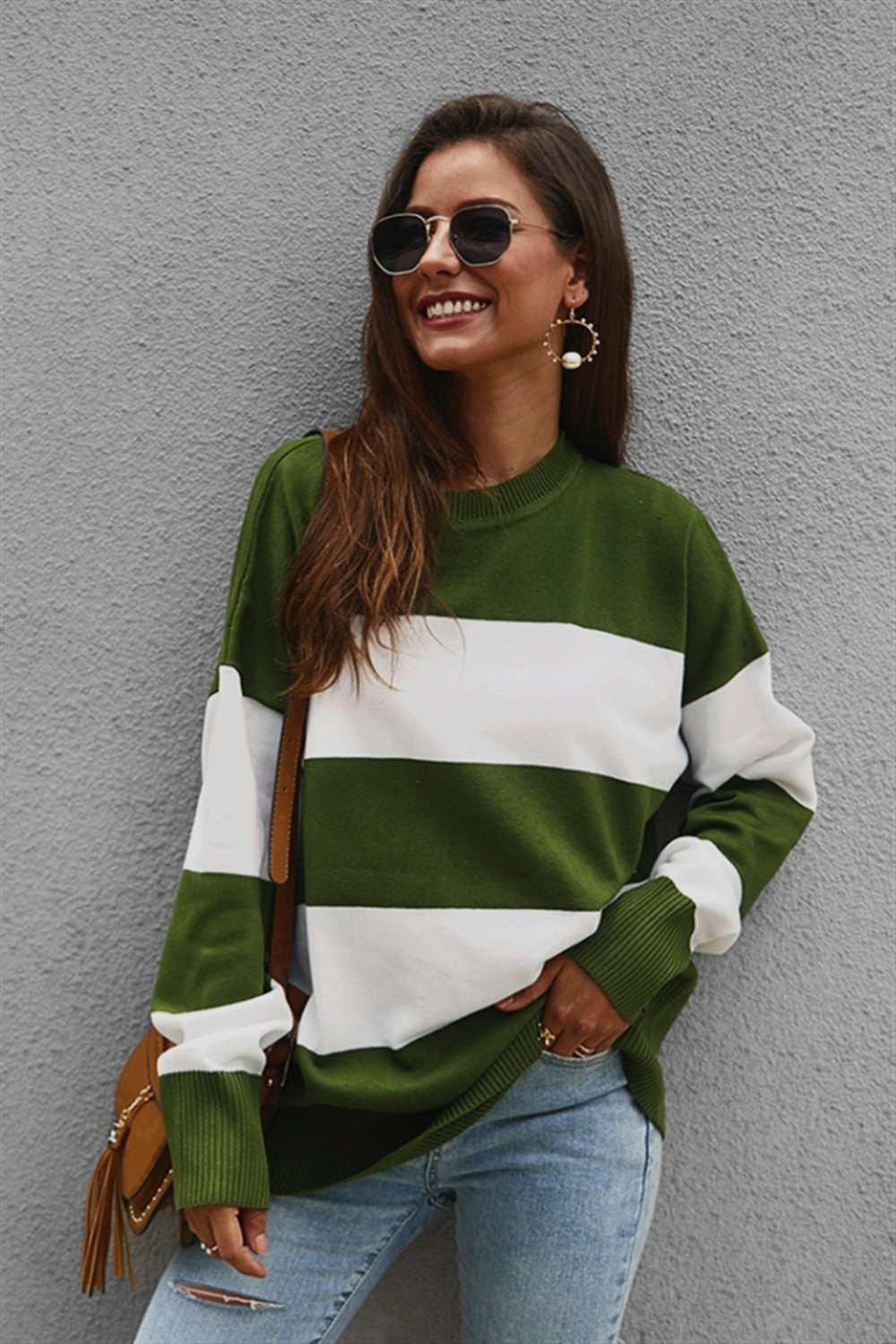 Damen-Pullover, Farbblock, langärmeliges Polyester, weite Passform-4