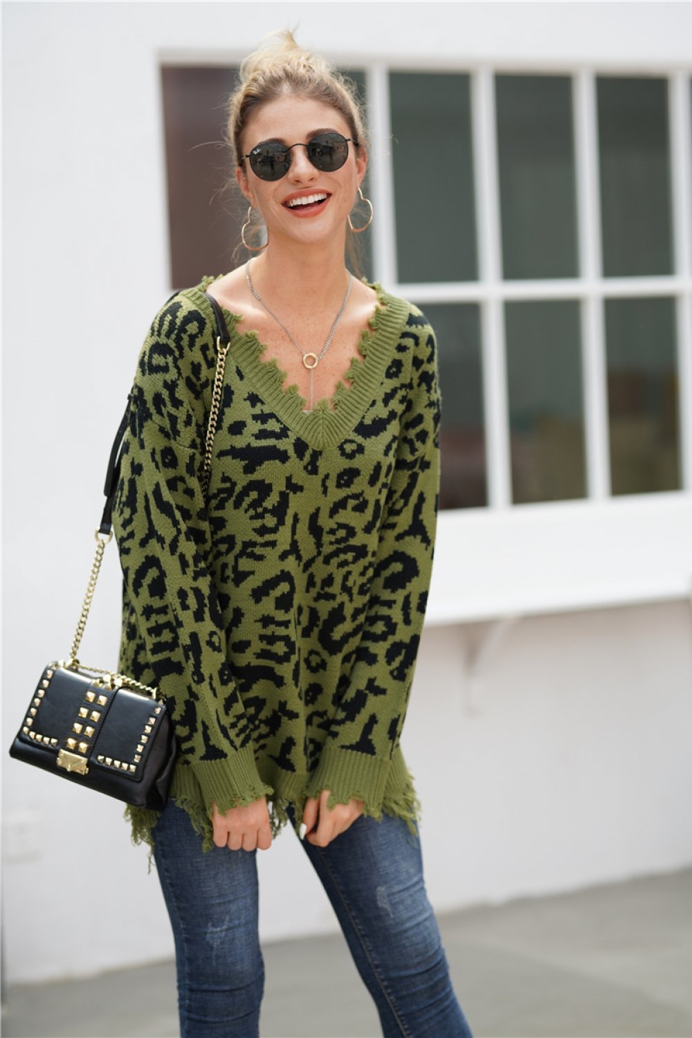 Damen-Pullover, V-Ausschnitt, Leopardenmuster, Acryl-6