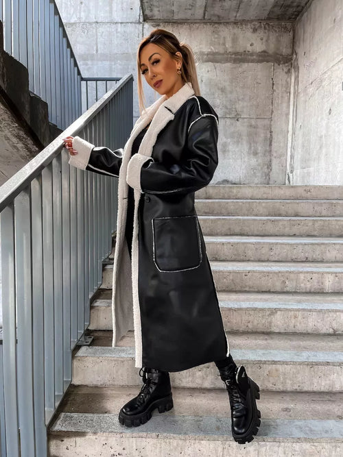 Damenjacke Lang aus Leder mit Kunstfelldetails für kalte Tage-1