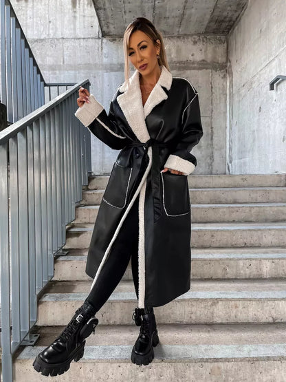 Damenjacke Lang aus Leder mit Kunstfelldetails für kalte Tage-2