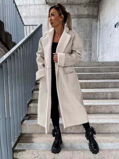 Damenjacke Lang aus Leder mit Kunstfelldetails für kalte Tage-5