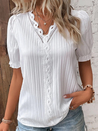 Damenbluse V-Ausschnitt Puffärmel Polyester - Weiße Bluse für eleganten Stil-1