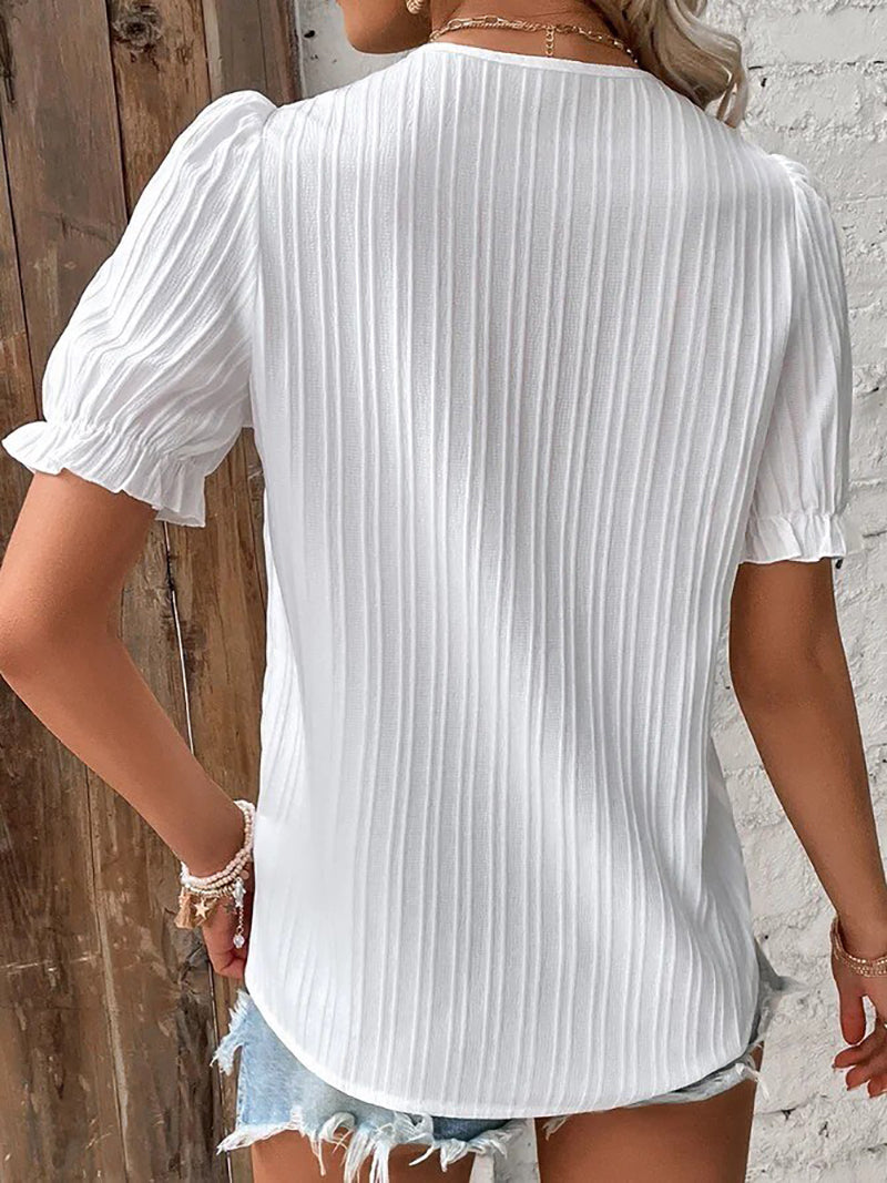 Damenbluse V-Ausschnitt Puffärmel Polyester - Weiße Bluse für eleganten Stil-2
