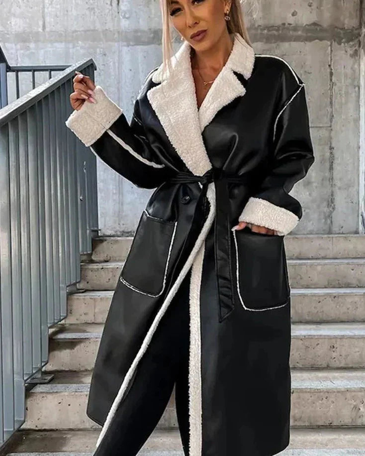 Variant image for Damen-Lederjacke, mit Pelzdetails und Gürtel, Kunstfell und Polyester-5