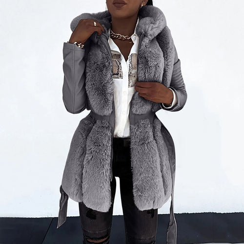 Damen-vegane-Lederjacke, moderne Passform, synthetischer Pelzkragen-1