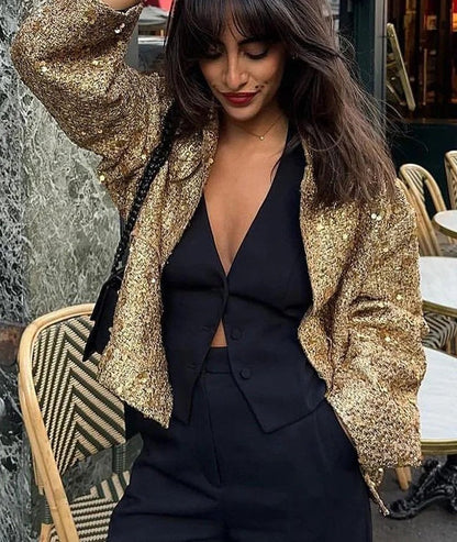 Damen-Mantel Übergroß mit goldfarbenen Pailletten Polyester-2