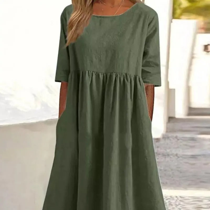 Damen-Midikleid, hoher Kragen, Baumwolle, halblange Ärmel-4