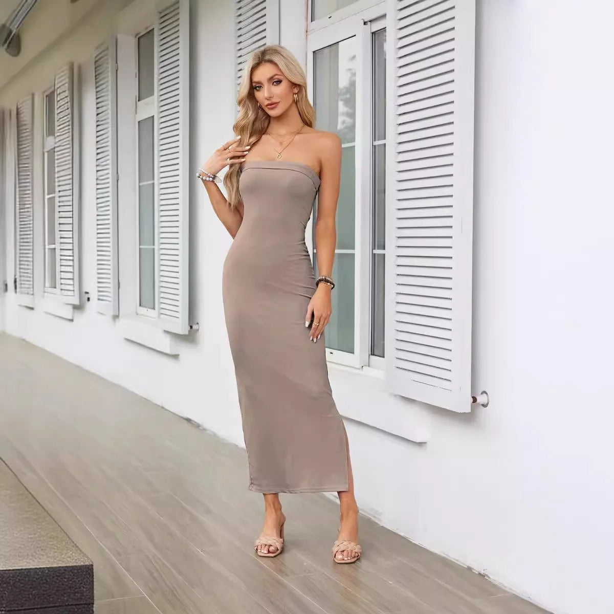 Damen-Kleid, trägerloses elegantes leichtes Material, für Sommer und Fest-2
