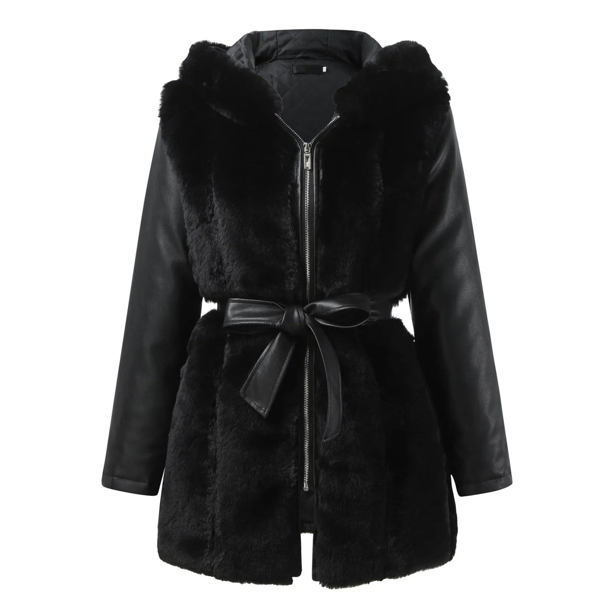 Damen-vegane-Lederjacke, moderne Passform, synthetischer Pelzkragen-3