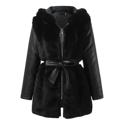 Damen-vegane-Lederjacke, moderne Passform, synthetischer Pelzkragen-3