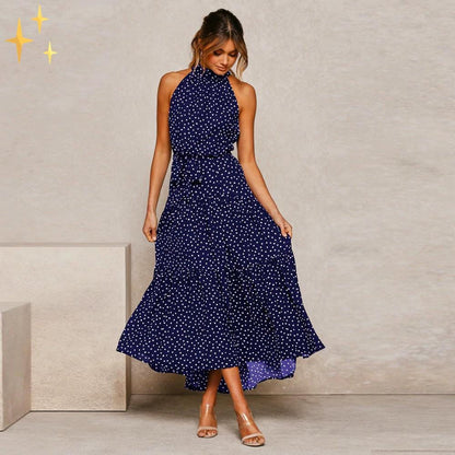 Maxikleid Damen mit Punkte und Taillenband, Luftig Sommerstil aus atmungsaktivem Stoff-3
