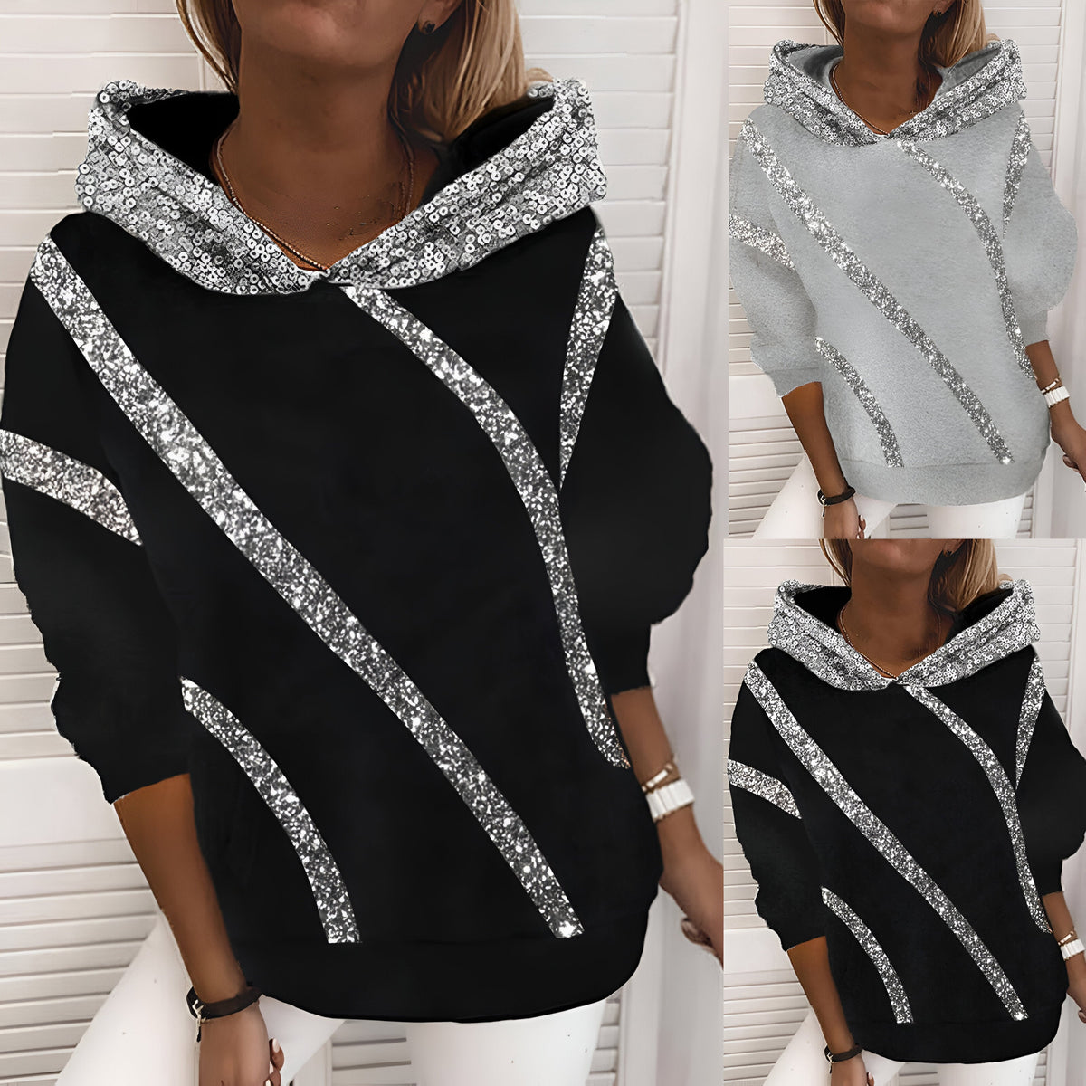 Damen-Oversize-Hoodie, Paillettendruck, Baumwolle-3
