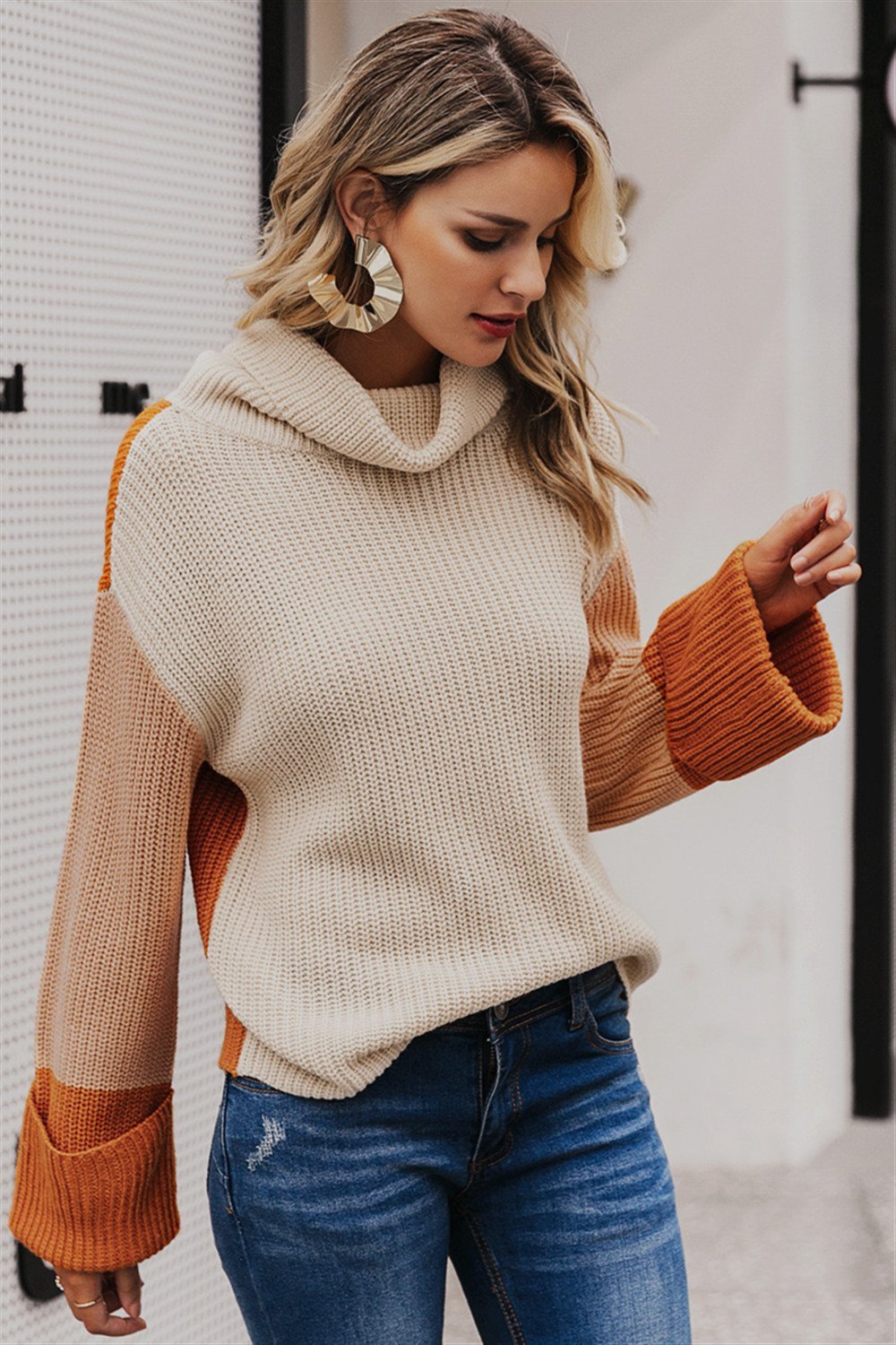 Damen-Strickpullover, Patchwork, Acryl, Rollkragen-3