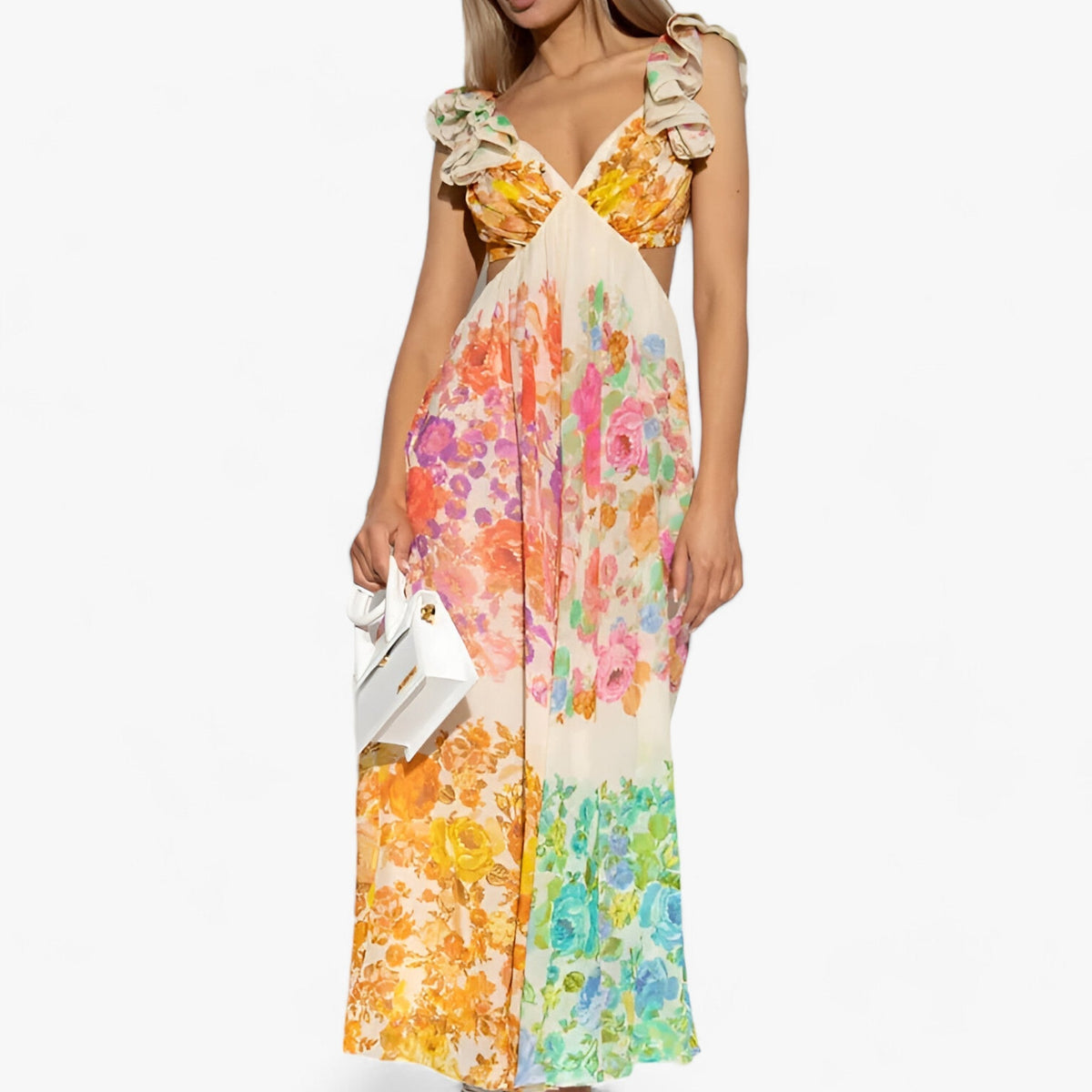Damen-Maxikleid, Blumenmuster, lange Ärmel, aus Baumwollseide für Sommer 2