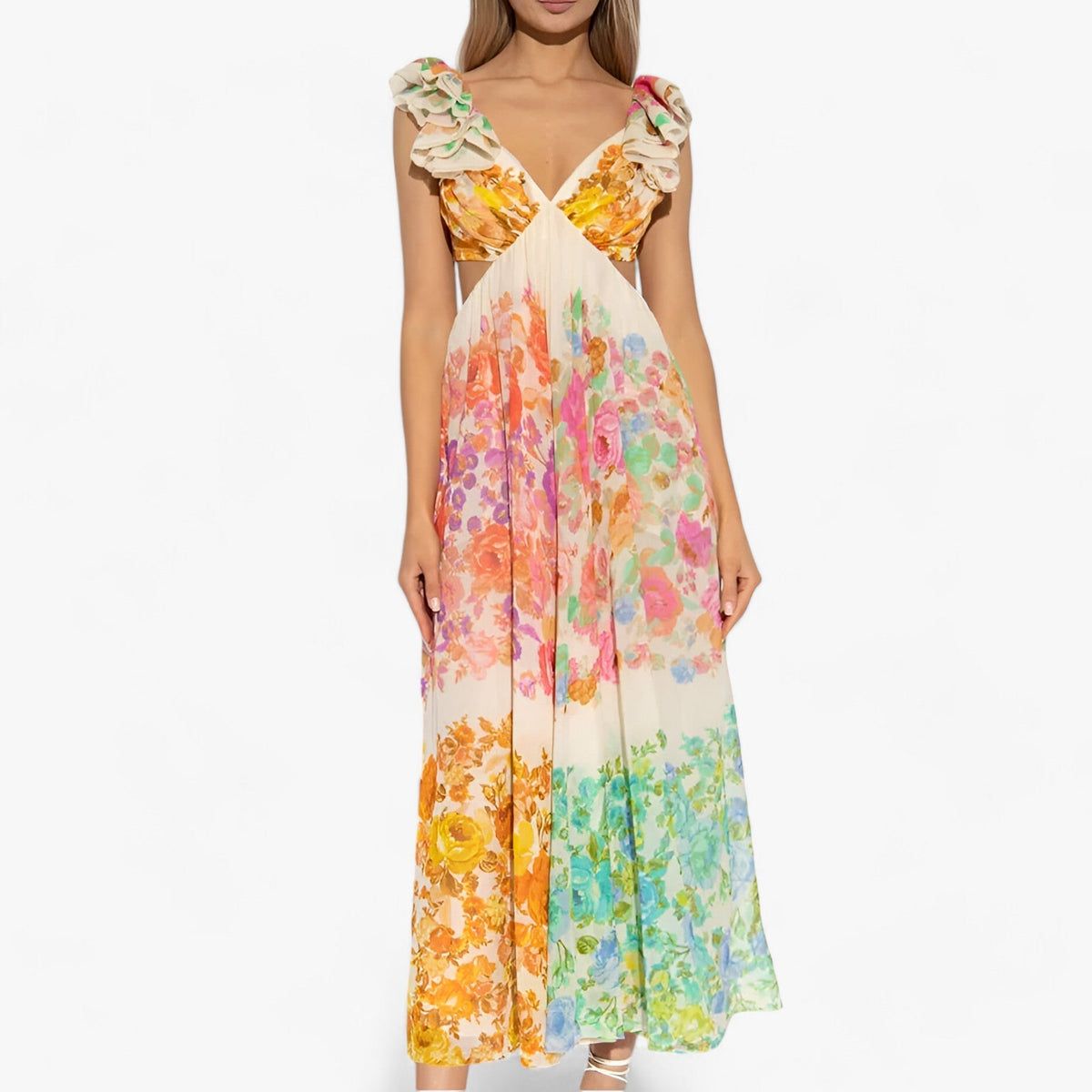 Damen-Maxikleid, Blumenmuster, lange Ärmel, aus Baumwollseide für Sommer 7