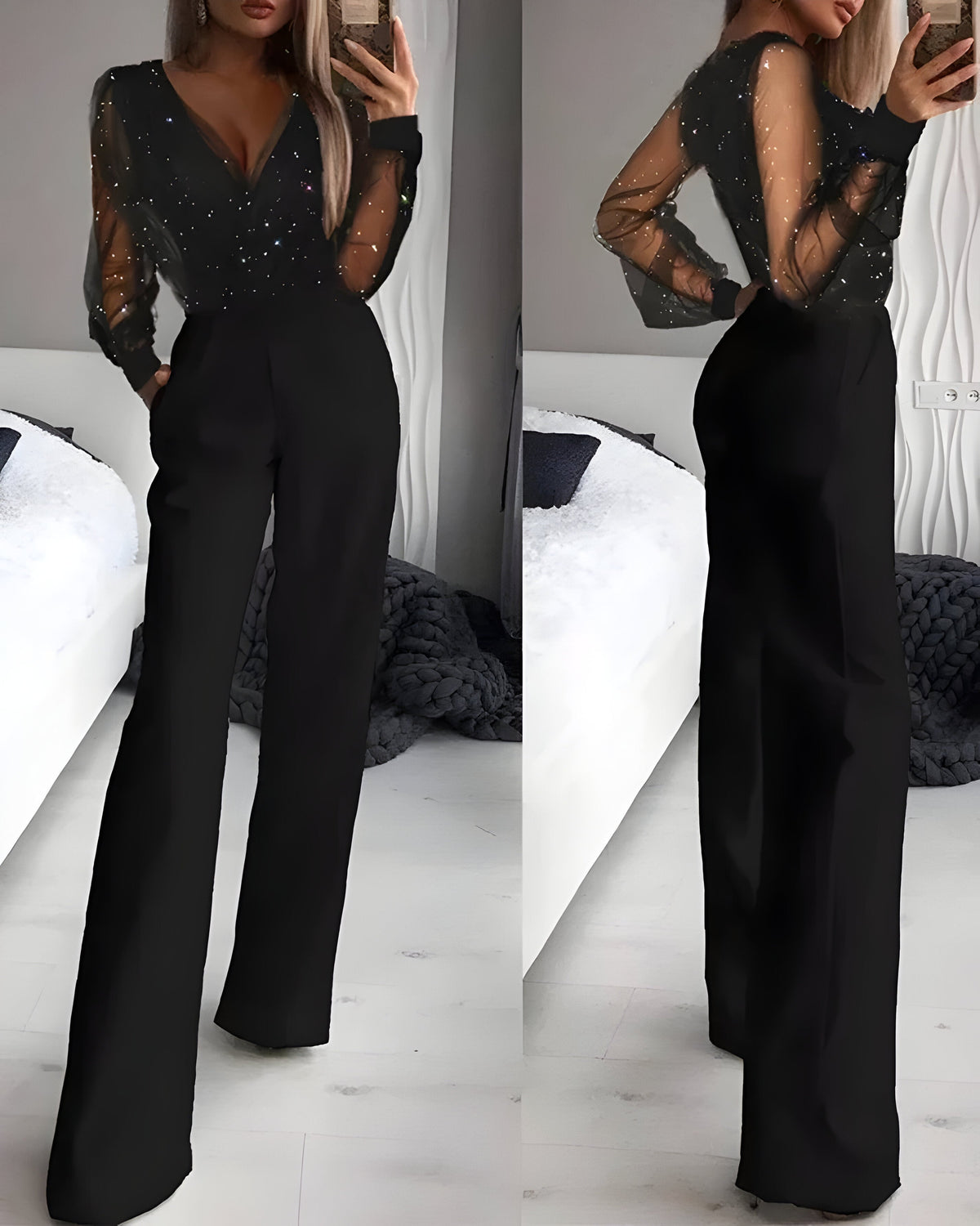 Damen-Jumpsuit mit transparenten Ärmeln aus Polyester, elegant 1