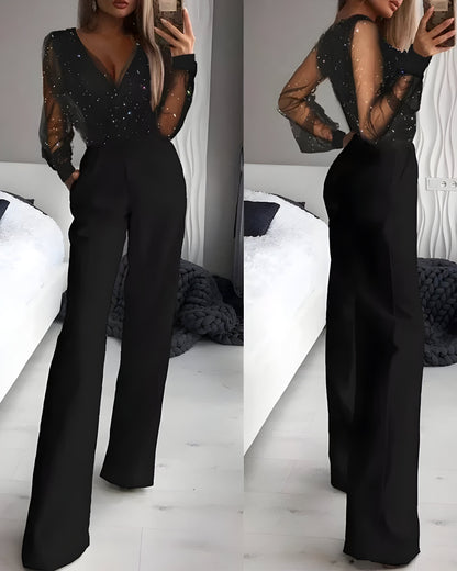 Damen-Jumpsuit mit transparenten Ärmeln aus Polyester, elegant 1