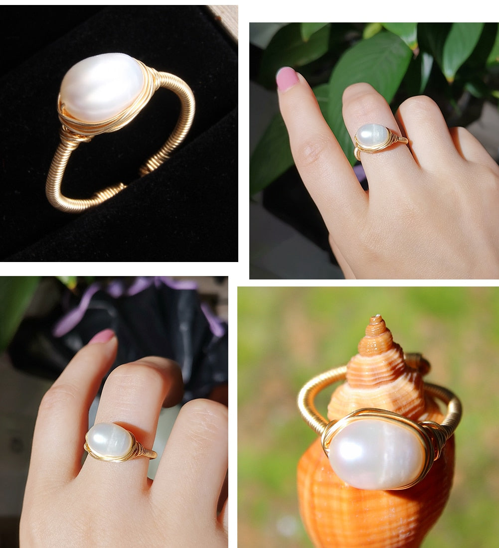 Damen-Ring, verstellbar, geometrisch, natürliche Süßwasserperlen 6