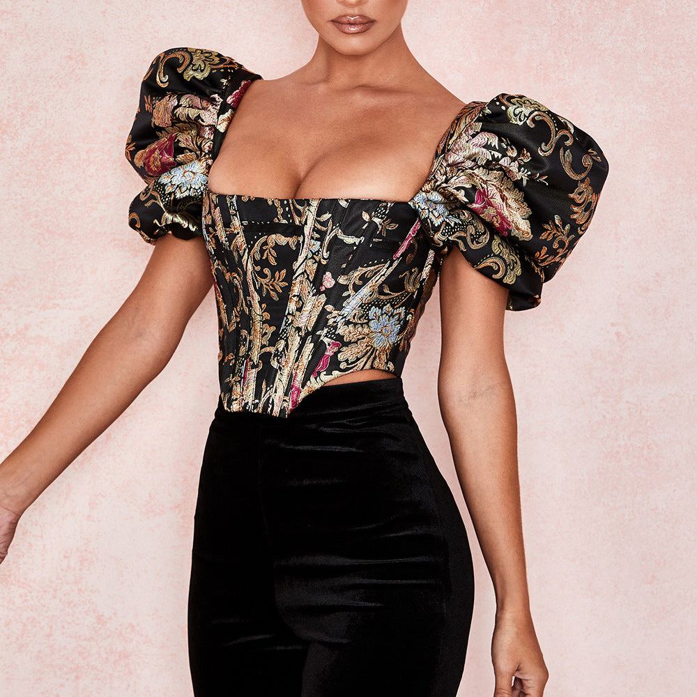 Damen-Crop-Top, eckiger Kragen, Puffärmel, Jacquard-2
