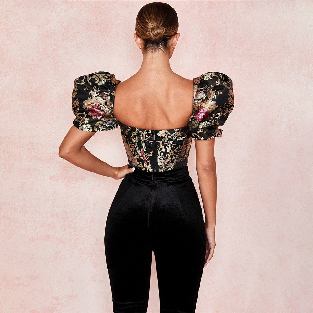 Damen-Crop-Top, eckiger Kragen, Puffärmel, Jacquard-4