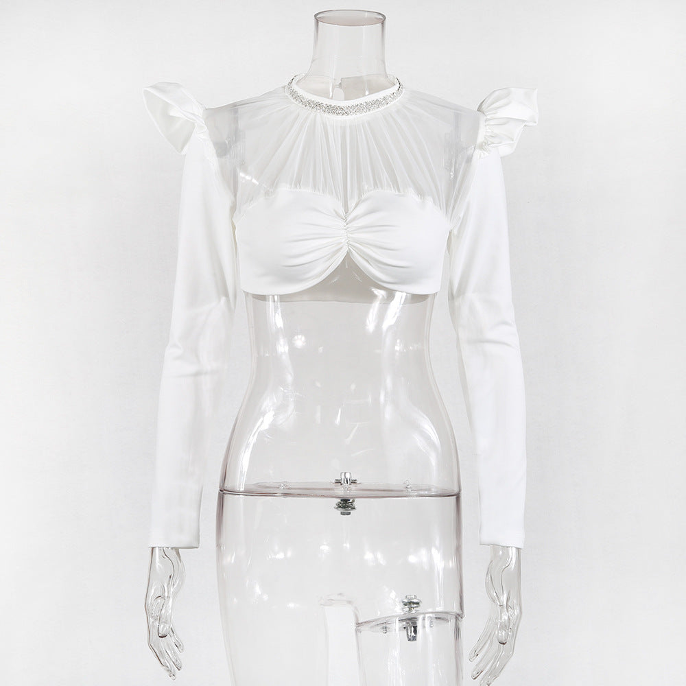 Damen-Party-Top, mit Rüschenärmeln, Polyester, Spandex-2