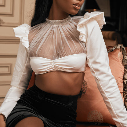 Damen-Party-Top, mit Rüschenärmeln, Polyester, Spandex-3