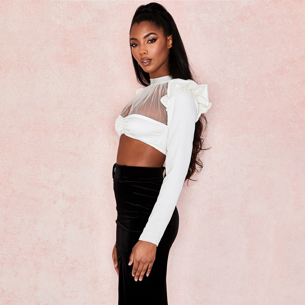 Damen-Party-Top, mit Rüschenärmeln, Polyester, Spandex-4