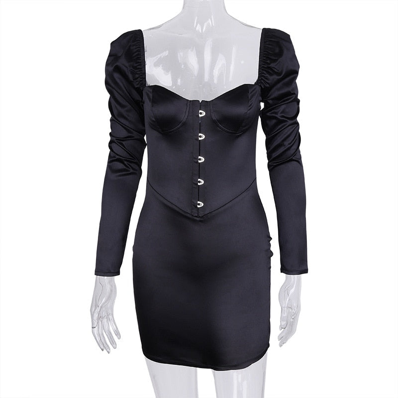 Damen-Minikleid, langärmelige Puffärmel, Polyester, elegantes Design-1