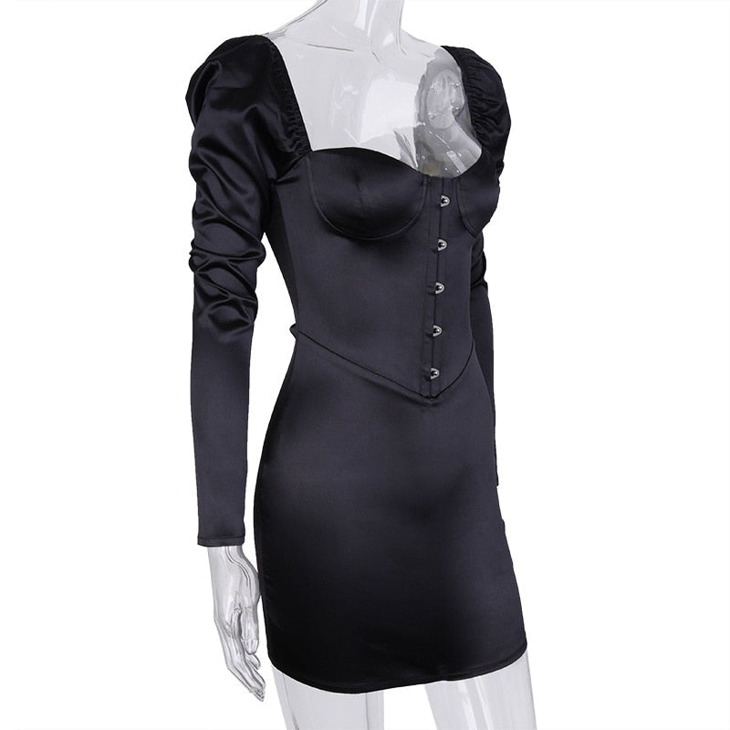 Damen-Minikleid, langärmelige Puffärmel, Polyester, elegantes Design-6