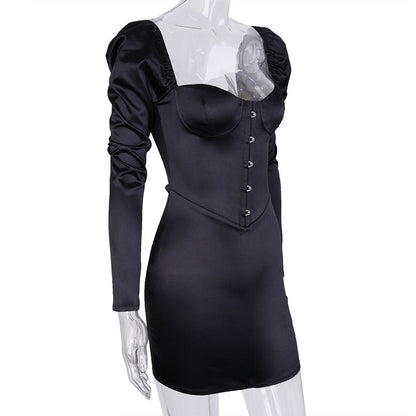 Damen-Minikleid, langärmelige Puffärmel, Polyester, elegantes Design-6