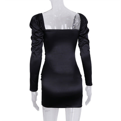 Damen-Minikleid, langärmelige Puffärmel, Polyester, elegantes Design-5