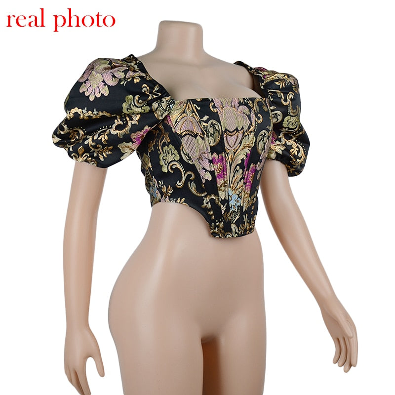 Damen-Crop-Top, eckiger Kragen, Puffärmel, Jacquard-5