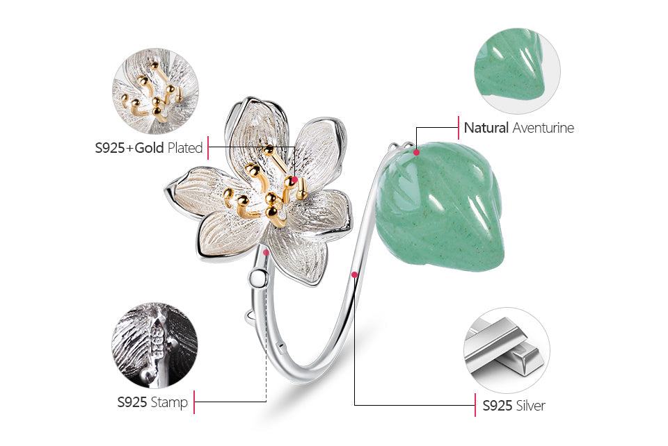Ring aus 925em Sterlingsilber mit geblümtem Design und Aventurin 3