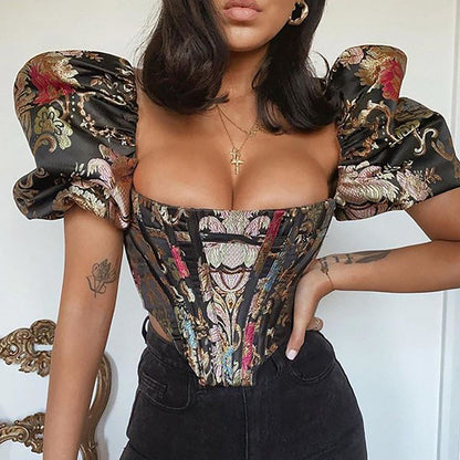 Damen-Crop-Top, eckiger Kragen, Puffärmel, Jacquard-6