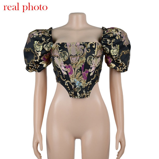 Damen-Crop-Top, eckiger Kragen, Puffärmel, Jacquard-1